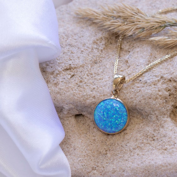 Blue Opal Pendant 14K Gold Pendant Necklace Opal Jewelry