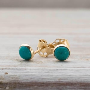 14K Solid Yellow Gold Turquoise Stud Earrings, 4 Mm Round Turquouse Dainty Earrings, Tiny Studs, December Birthstone, Promise Jewelry image 4