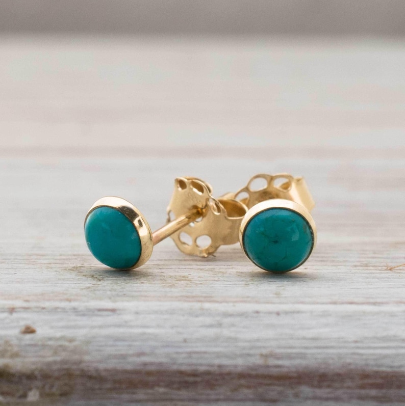 14K Solid Yellow Gold Turquoise Stud Earrings, 4 Mm Round Turquouse Dainty Earrings, Tiny Studs, December Birthstone, Promise Jewelry image 4