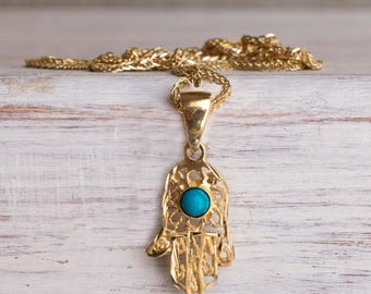14K Hamsa Necklace Gold, Turquoise Gemstone Hamsa, Evil Eye Necklace, Hand of Fatima Charm, Hamsa Pendant Necklace, Jewish Necklace