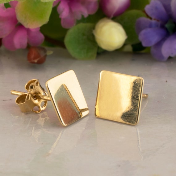 Square Earrings 14K Yellow Gold Stud Earrings Geometric Etsy