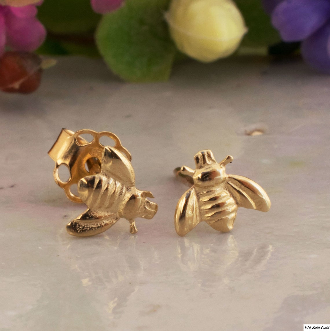 The Big Blue Bee Earrings in Gold (Pierced)