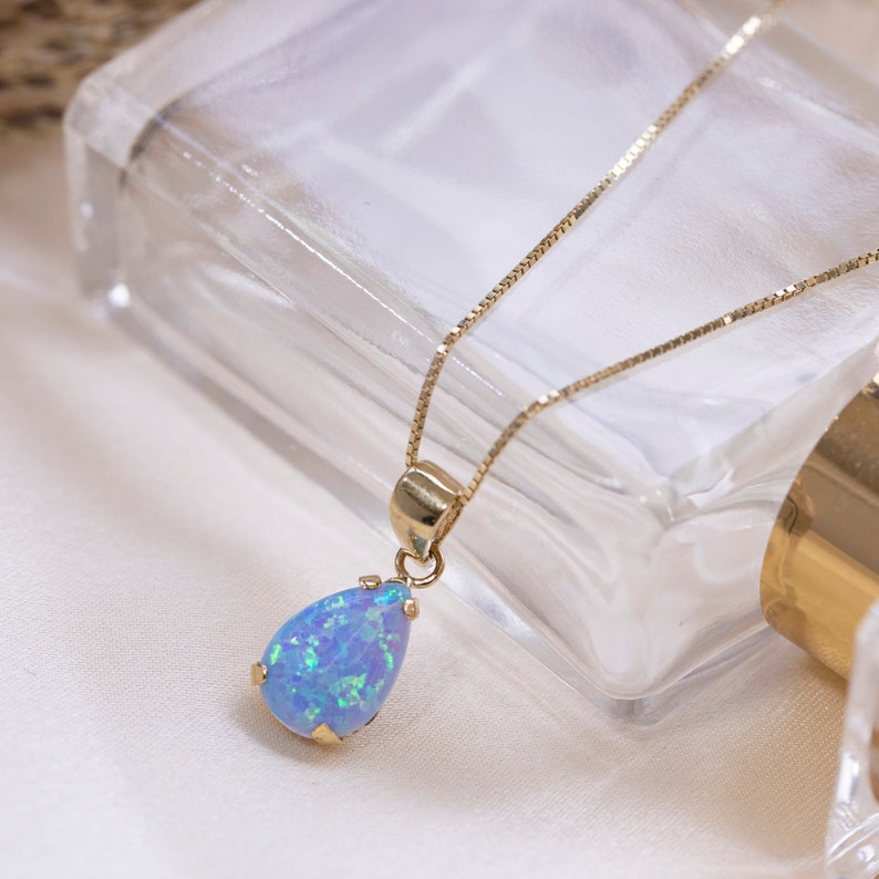 Blue Opal Necklace, Solid Gold Necklace For Women, Opal Teardrop Necklace, Dainty Opal Necklace, Short Necklace, Fine Jewelry, 14K Jewelry image 1