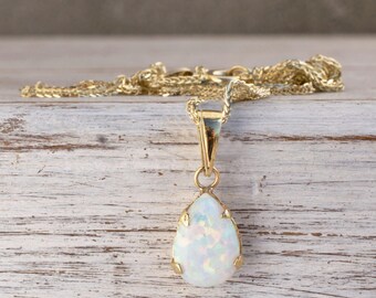 14K Gold Opal Pendant, White Opal Necklace, Teardrop Opal