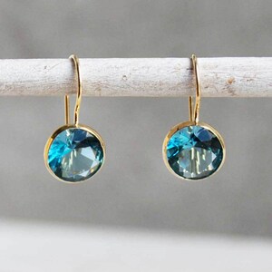Blue CZ Oval Drop Earrings, 14K Gold Classic Earrings, Blue Drop ...