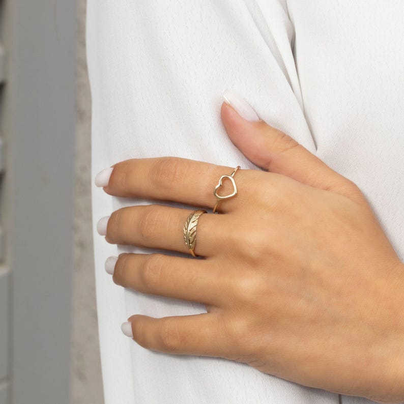 Gold Feather Ring, Dainty Gold Ring, Boho Wedding Band, Gold Thumb Ring, Leaf Ring, Solid Gold Ring, Knuckle Ring, 14k Real Gold, Stacked image 6