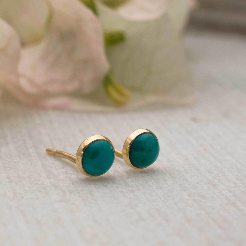 14K Solid Yellow Gold Turquoise Stud Earrings, 4 Mm Round Turquouse Dainty Earrings, Tiny Studs, December Birthstone, Promise Jewelry image 6