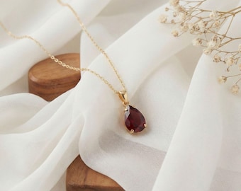 Garnet Necklace, 14K Solid Yellow Gold Pendant, January Birthstone Necklace, Gold Necklace, Red Necklace, Teardrop Pendant, Gift For Women