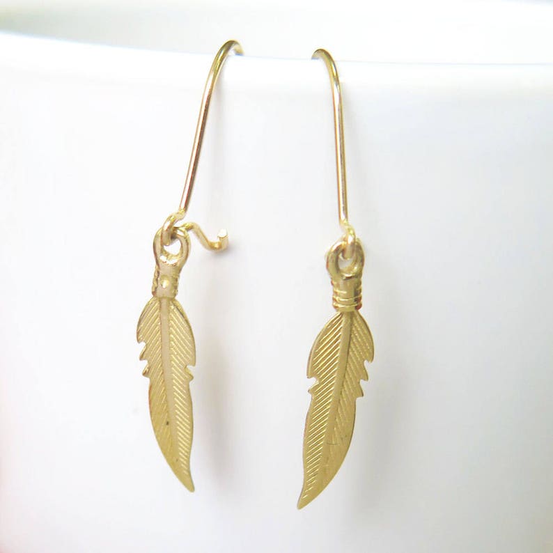 Gold Feather Earrings 14K Gold Dangle Earrings 14K Gold Etsy