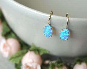 14K Gold Earrings, Blue Opal Earrings, October Birthstone, Oval Drop Earrings, Gold Drop Earrings, Opal Earrings, Handmade Jewelry,