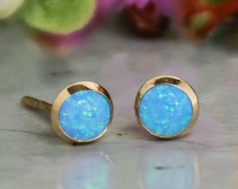 14K Gold Opal Studs, Blue Opal Earrings, Gold Stud Earrings, 14K Gold Earrings, Solid Gold Earrings, Girls Earrings, October Birthstone