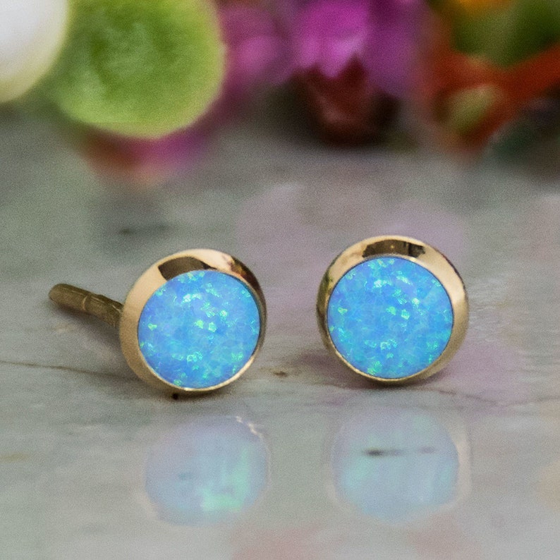 14K Gold Opal Studs, Blue Opal Earrings, Gold Stud Earrings, 14K Gold Earrings, Solid Gold Earrings, Girls Earrings, October Birthstone 