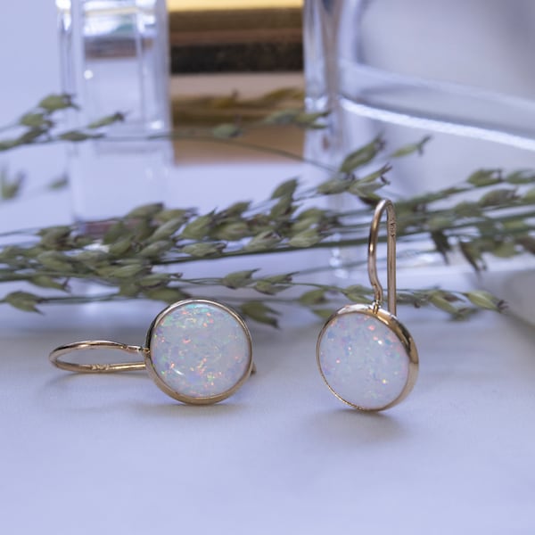 White Opal Earrings, Gemstone Earrings, 14K Gold Opal Earrings, October Birthstone, Wedding Jewelry, Gold Drop Earrings, Dainty Earrings