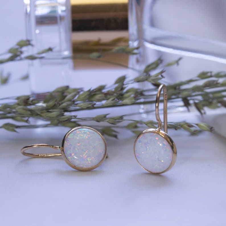 White Opal Earrings Gemstone Earrings 14K Gold Opal image 1