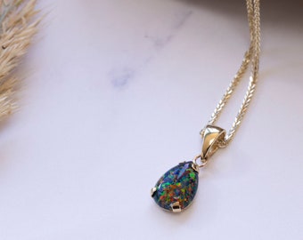 Black Opal Necklace, Teardrop Pendant Necklace, October Birthstone, Opal Jewelry, Gemstone Necklace Gold, 14K Gold Pendant, Fine Jewelry