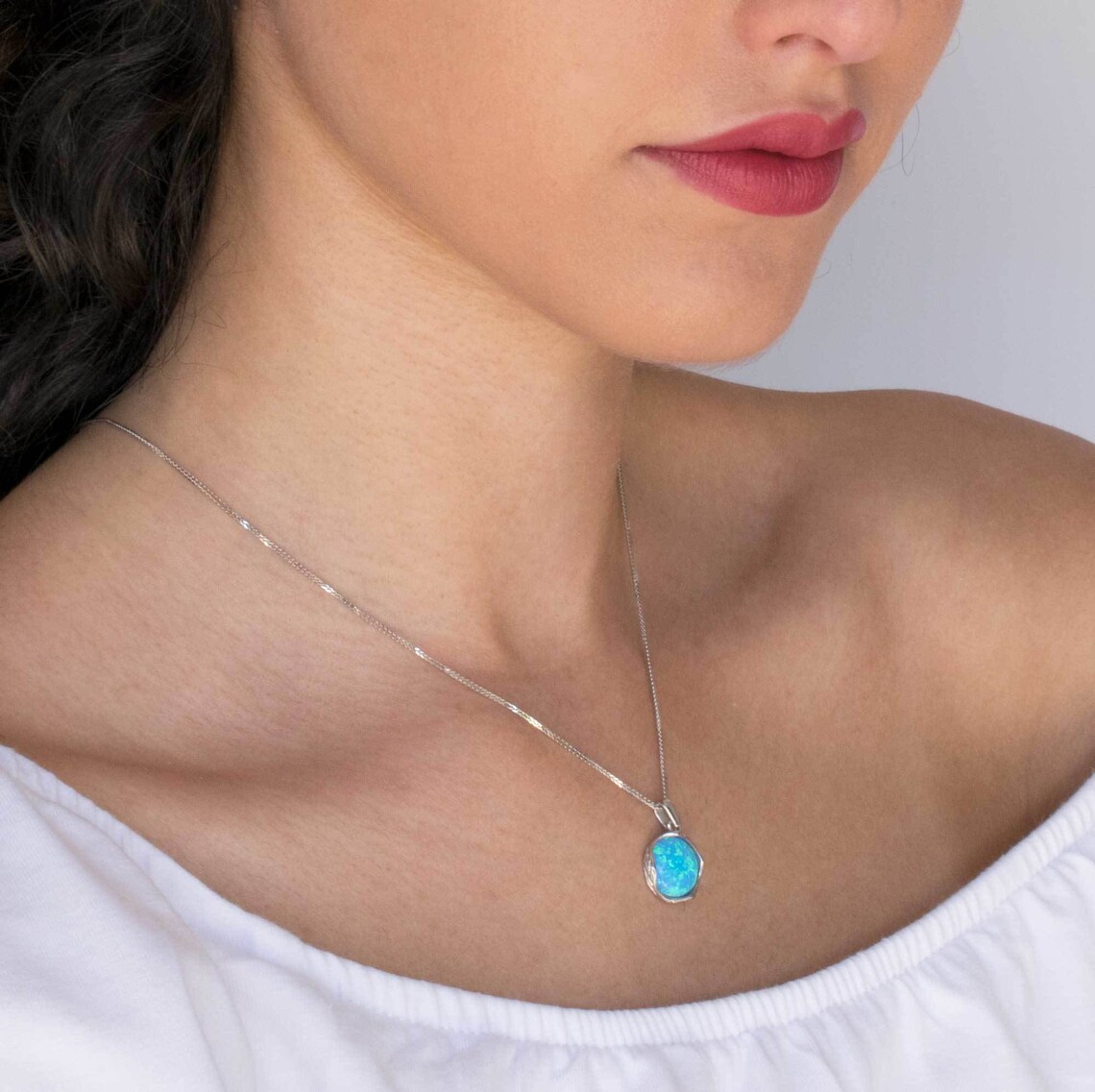 Blue Opal Necklace 14K White Gold Opal Necklace Opal | Etsy