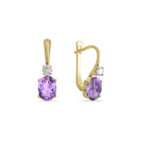 14K Gold Natural Amethyst Dangle Earrings with White CZ, Purple Gemstone Drop Earrings, Fine Jewelry Gift, Luxury Gold Earrings for Her