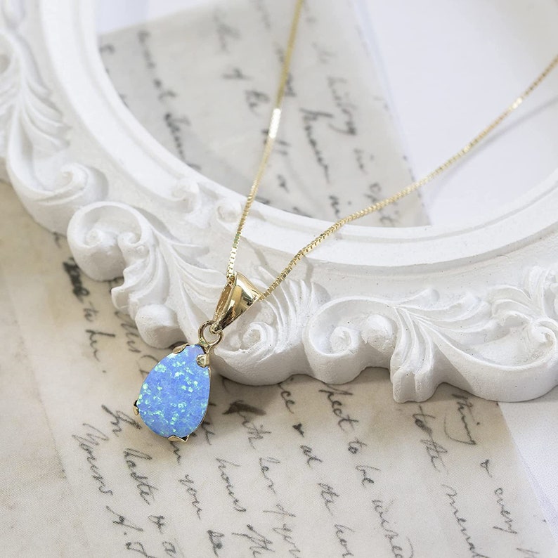 Blue Opal Necklace, Solid Gold Necklace For Women, Opal Teardrop Necklace, Dainty Opal Necklace, Short Necklace, Fine Jewelry, 14K Jewelry image 4