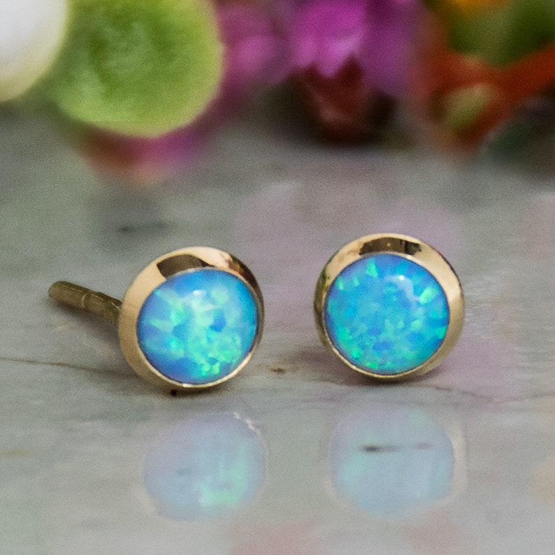 14K Gold Opal Studs Blue Opal Earrings Gold Stud Earrings | Etsy