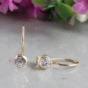 14K Solid Yellow Gold Earrings, CZ Drop Earrings, Tiny Gold Earrings, Solid Gold Earrings, Dainty Earrings, Bridal Earrings, Wedding Jewelry