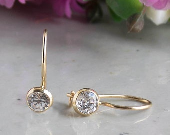 14K Solid Yellow Gold Earrings, CZ Drop Earrings, Tiny Gold Earrings, Solid Gold Earrings, Dainty Earrings, Bridal Earrings, Wedding Jewelry