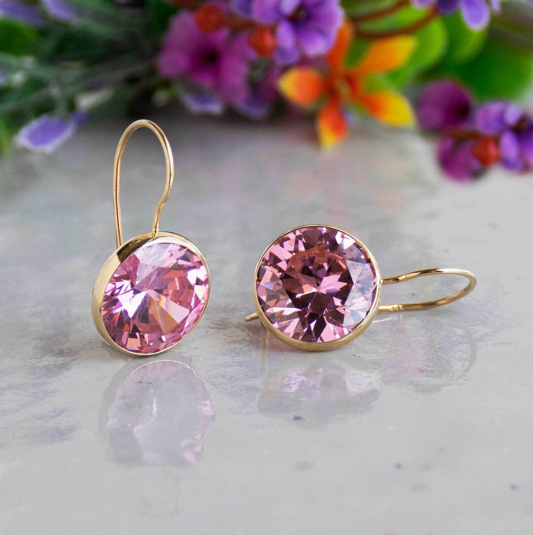 Pink Cubic Zirconia Earrings, 14K Gold Earrings ,pink Earrings