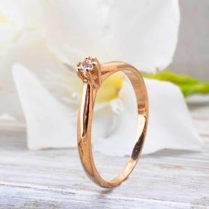 14K real Rose Gold Engagement Ring with White Cubic Zirconia, Minimalist Solitaire Elegant Ring, Affordable Wedding Jewelry, Gift for Her