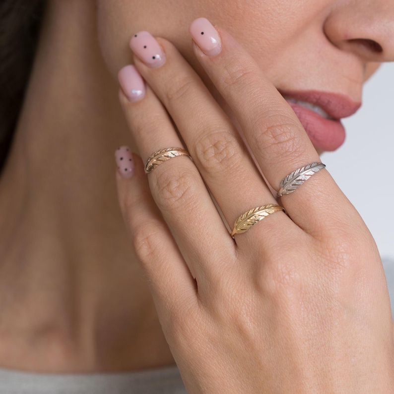 Gold Feather Ring, Dainty Gold Ring, Boho Wedding Band, Gold Thumb Ring, Leaf Ring, Solid Gold Ring, Knuckle Ring, 14k Real Gold, Stacked image 4