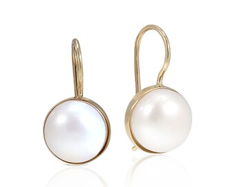 14K Solid Yellow Gold 8 Mm White Pearl Round Earrings, Wedding Jewelry, Romantic Gift, June Birthstone, Promise Jewelry,Valentine's Day Gift