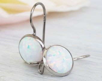 14K White Gold Classic Opal Dangle Earrings, Opal Jewelry, White Opal Earrings, Fire Opal, October Birthstone Jewelry, Earrings For Women