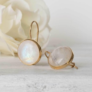 14K Yellow Gold Earrings, Moonstone Earrings, Gemstone Earrings, White Earrings, Dangle Earrings, Drop Gold Earrings, Gift For Her