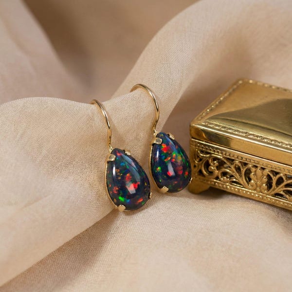 14k Gold Black Opal Teardrop Earrings, Opal Jewelry, October Birthstone, Black Stone Earrings, Gemstone Drop Earrings, Earrings For Women