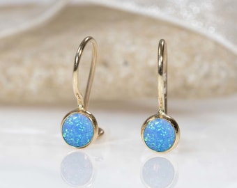 14K Yellow Gold Blue Opal Earrings - 14K Opal Drop Earrings - Gemstone Drop Earrings - Solid Gold Earrings - 14K Yellow Gold Earrings -