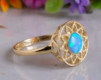 14k Gold Ring, Blue Opal Ring, Solid Gold Ring, Statement Ring, Blue Opal Jewelry, Vintage Ring, Opal Jewelry, Cocktail Ring, Gold Opal Ring