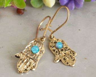 Blue Opal Earrings, Hamsa Earrings, Dainty Gold Earrings, Protection Jewelry, Opal Gold Earrings, Drop Dangle Earrings, Solid Gold Earrings
