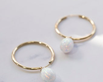 Bridal Earrings, Gold Opal Earrings, Gold Hoop Earrings, Real Gold Hoops, 14K Gold Earrings, Hoop Pendant Earrings, Gemstone Hoop Earrings