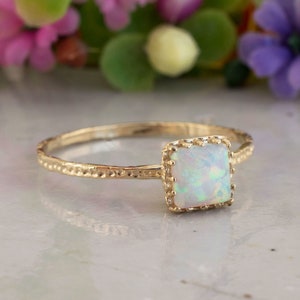 White Opal ring 14K Solid Gold Square Ring Dainty Gold Ring October Birthstone Gemstone Gold Ring Solitaire Opal Ring Handmade image 1