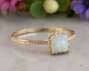 White Opal ring | 14K Solid Gold Square Ring | Dainty Gold Ring | October Birthstone | Gemstone Gold Ring | Solitaire Opal Ring | Handmade