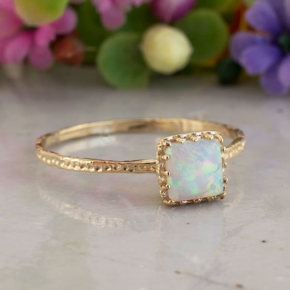 White Opal Ring 14K Solid Gold Square Ring Dainty Gold Ring October Birthstone Gemstone Gold Ring Solitaire Opal Ring Handmade Etsy