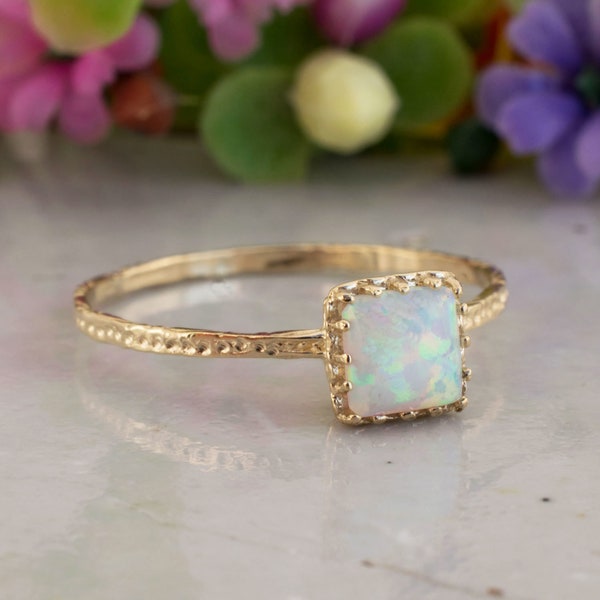 White Opal ring | 14K Solid Gold Square Ring | Dainty Gold Ring | October Birthstone | Gemstone Gold Ring | Solitaire Opal Ring | Handmade