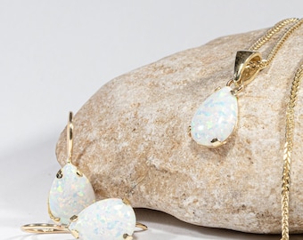 14K Solid Yellow Gold 7X10Mm White Opal Teardrop Earrings, Jewelry Set, Bridesmaid Jewelry, October Birthstone, Promise Jewelry, Handmade