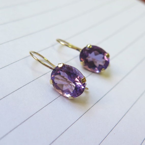 14k Yellow Gold Oval Natural Amethyst Leverback Earrings 