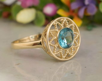 14k Gold Ring, Blue Topaz Ring, Solid Gold Ring, Blue Topaz Jewelry, Statement Ring, Vintage Ring, November Ring, Cocktail Ring, Blue Ring