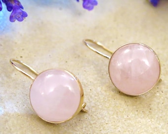 Rose Quartz Earrings, 14K Gold Earrings ,Dangle Earrings, Vintage Jewelry, Solid Gold Earrings, Gemstone Jewelry, Gift For Her, Handmade