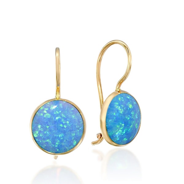 Blue Opal Earrings | 14K Gold Earrings | October Birthstone | Opal Jewelry, Gold Dangle Earrings | Gold Drop Earrings | Gemstone Earrings