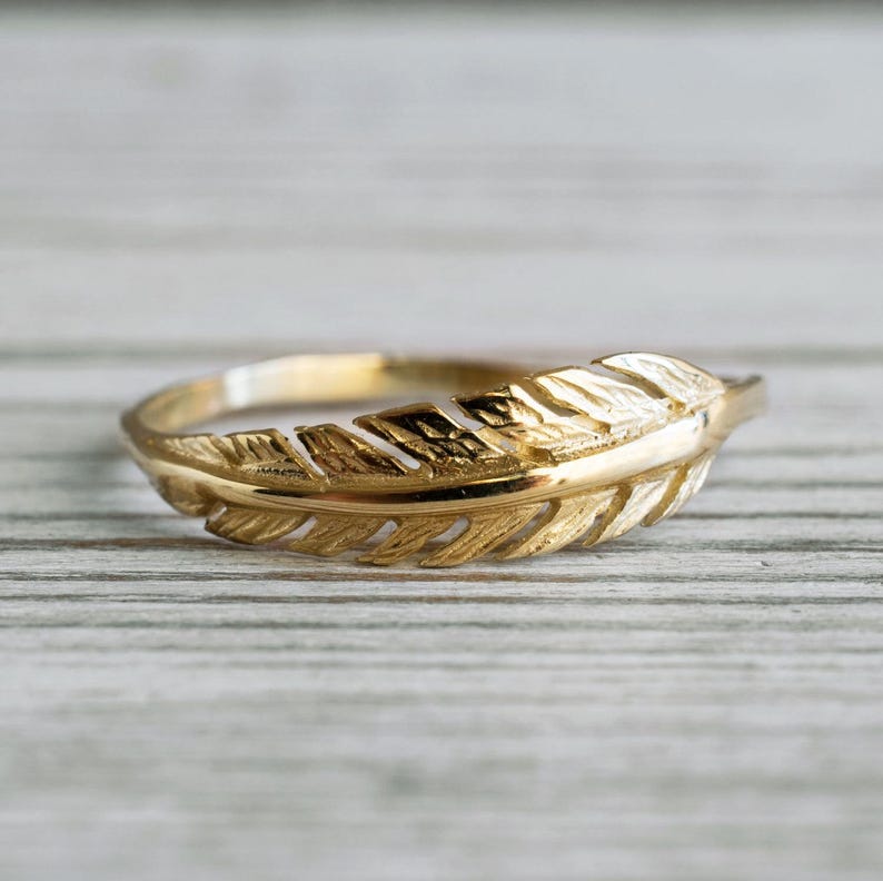 Gold Feather Ring, Dainty Gold Ring, Boho Wedding Band, Gold Thumb Ring, Leaf Ring, Solid Gold Ring, Knuckle Ring, 14k Real Gold, Stacked image 5