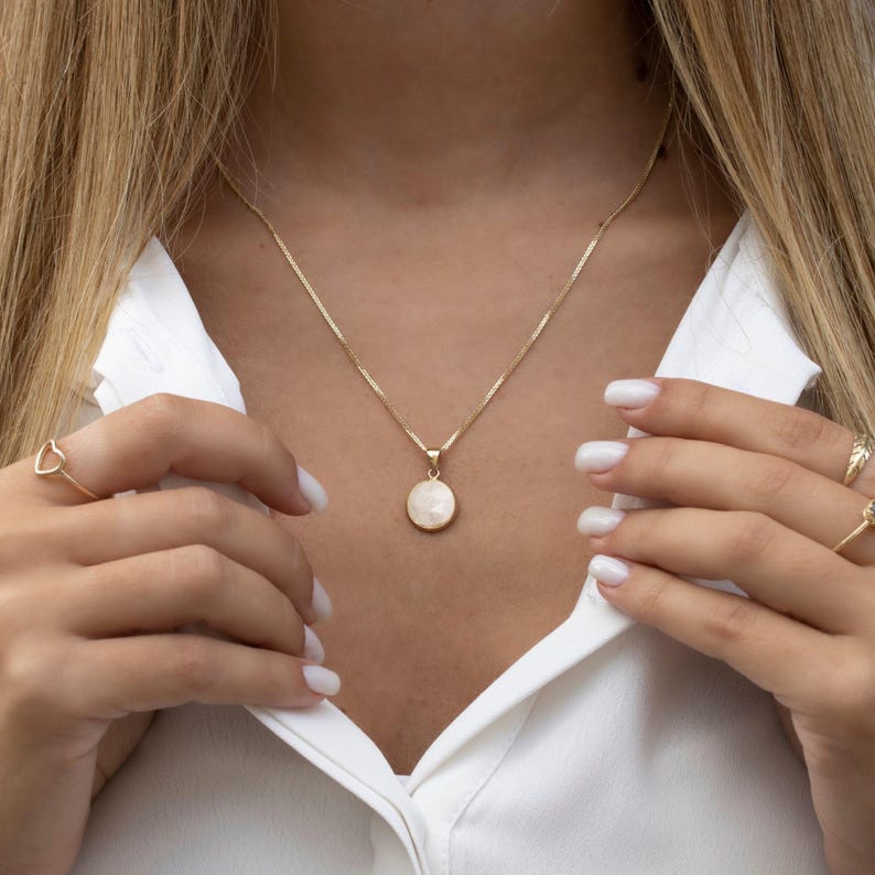 14K Solid Gold Moonstone Pendant Necklace, Round Natural Gemstone Fine Jewelry afbeelding 18