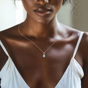 14K Yellow Gold Blue Topaz Pendant Necklace, Gold Plated Silver Chain, Elegant Birthstone Jewelry, Necklace for Women, Wedding Jewelry