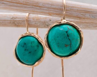 Turquoise Earrings,14K Rose Gold 12 mm Earrings, Vintage Earrings, Statement Earrings, Gemstone Earrings, Boho Earrings, Valentines Day Gift