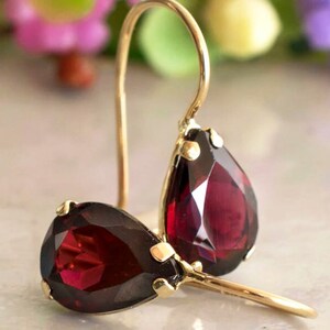 14K Gold Genuine Garnet, Rhodolite Garnet, Burgundy Earrings, Maroon Earrings, Oxblood Earrings, Gemstone Earrings, January Birthstone image 1